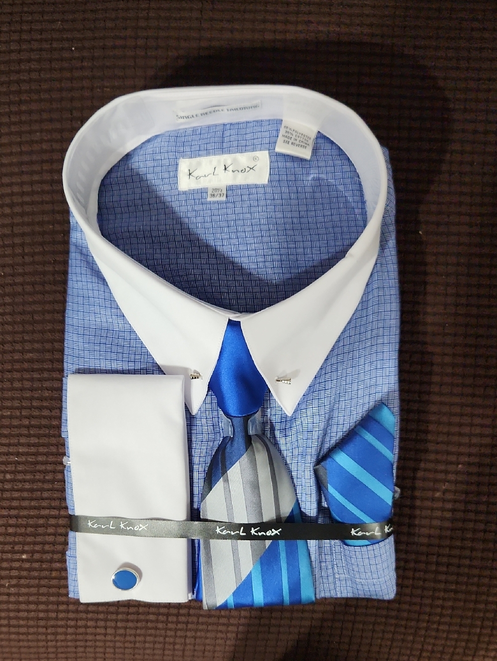 Men's Blue Dress Shirt with White Contrast Collar